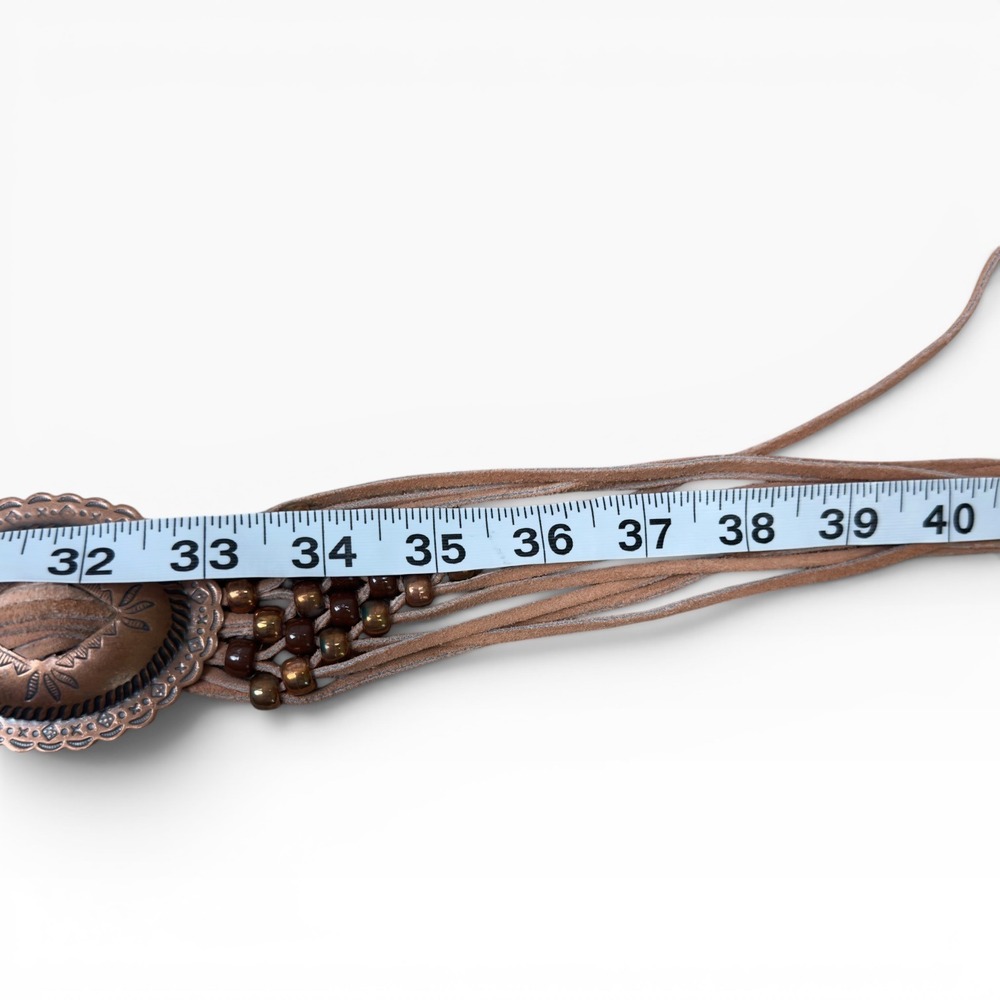 Concho Beaded Leather Waist Belt Womens OS Tan  Western Boho Hippie Fringe Tie - Picture 6 of 7